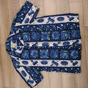 1950s UI-MAIKAI Blue White Green Abstract Tiki Pattern M Hawaiian Shirt VTG RARE